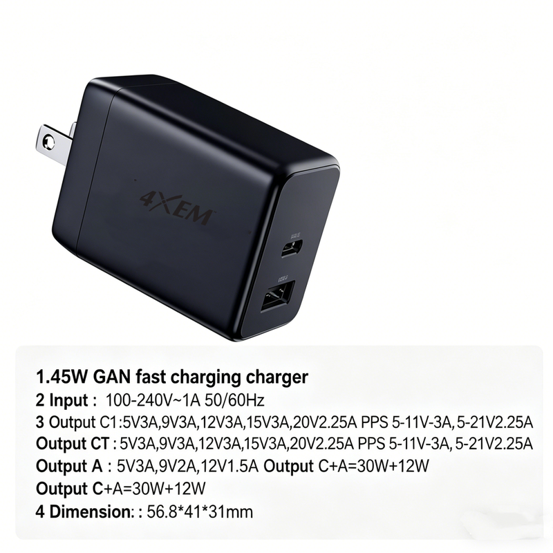 Load image into Gallery viewer, 4XEM 45W USB-C + USB-A GaN Wall Charger with PD & PPS Fast Charging – Dual Port Compact Travel Power Adapter for iPhone, Samsung & USB Devices (Black)