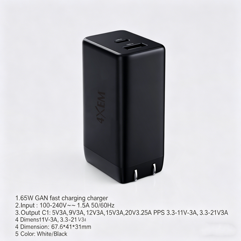Load image into Gallery viewer, 4XEM 65W USB-C + USB-A GaN Wall Charger with PD & PPS Fast Charging – Dual Port Compact Laptop & Travel Power Adapter (Black)