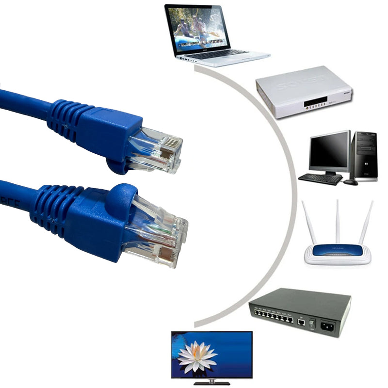 Load image into Gallery viewer, Network setup with blue Ethernet cables, laptop, router, and computer equipment on a white background.