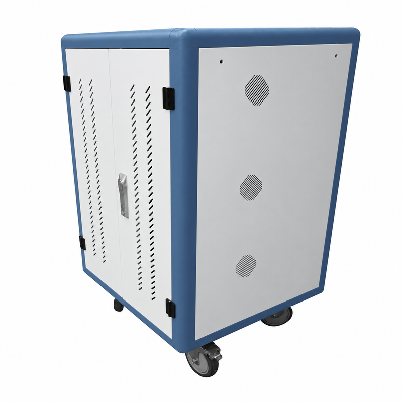 Load image into Gallery viewer, Rear view of white and blue 36-port tablet charging cart with ventilation slits and brake casters