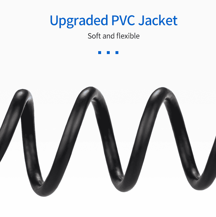 Load image into Gallery viewer, A coiled side profile of a cable showcasing flexibility with text stating "Upgraded PVC Jacket Soft and Flexible".