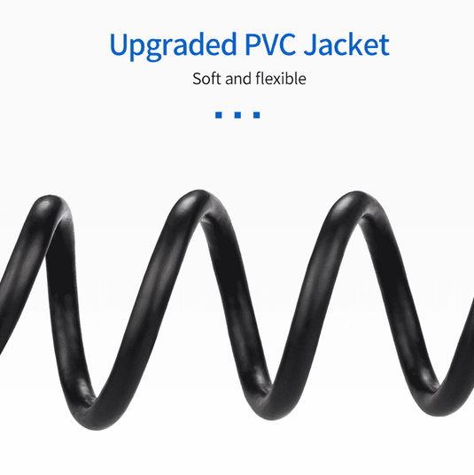 A coiled side profile of a cable showcasing flexibility with text stating