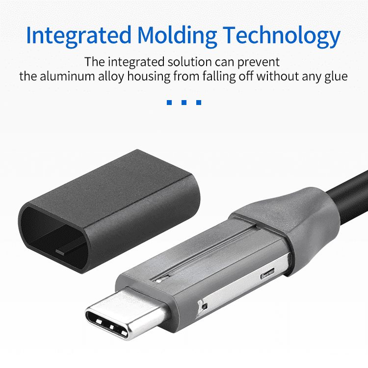 Load image into Gallery viewer, USB-C cable with part removed to showcase design. Image: "Integrated solution protects aluminum housing from glue damage."