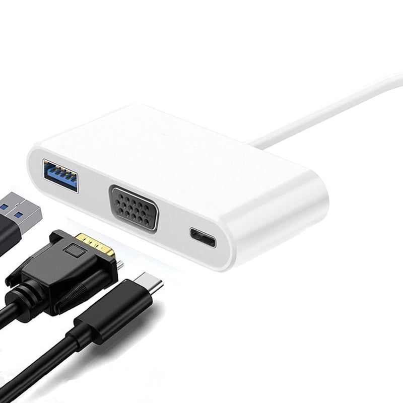 Load image into Gallery viewer, Image showcasing how a USB-A, USB-C and VGA cable would fit into the hub