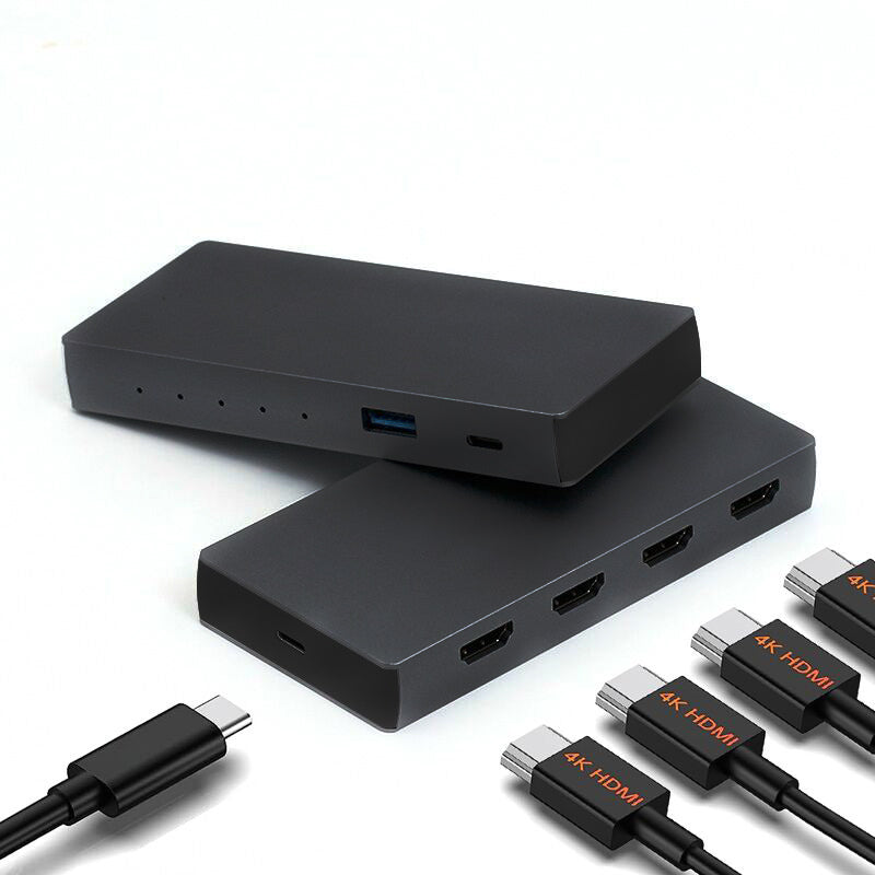 Load image into Gallery viewer, 2 4 port HDMI video adapters one place on top of the other showcasing both sides of the adapter. One side showing the 4 HDMI ports and the other a USB-A and USB-C port. Image also shows how the 4 HDMI cables and USB-C cable would fit into the adapter