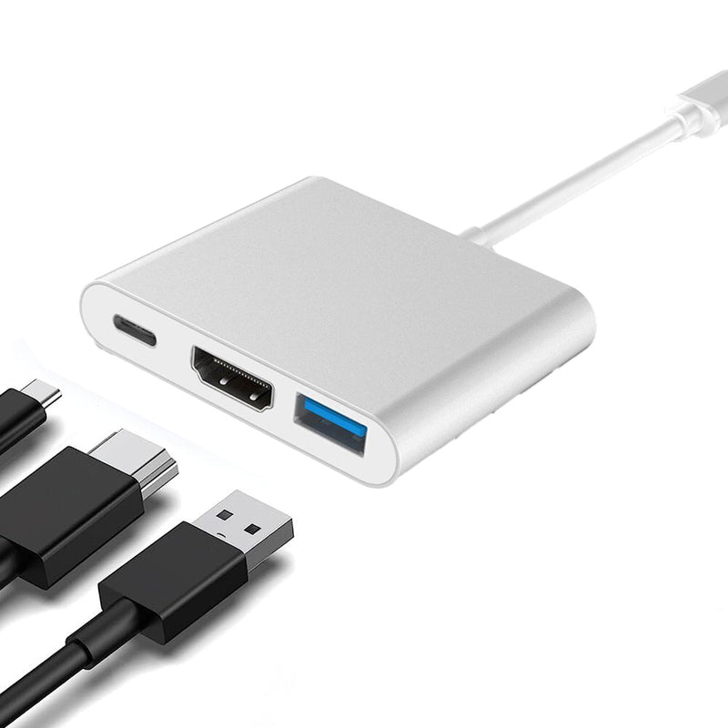 Load image into Gallery viewer, An image of how USB-C, HDMI and USB-A cables would fit into the ports found on the hub