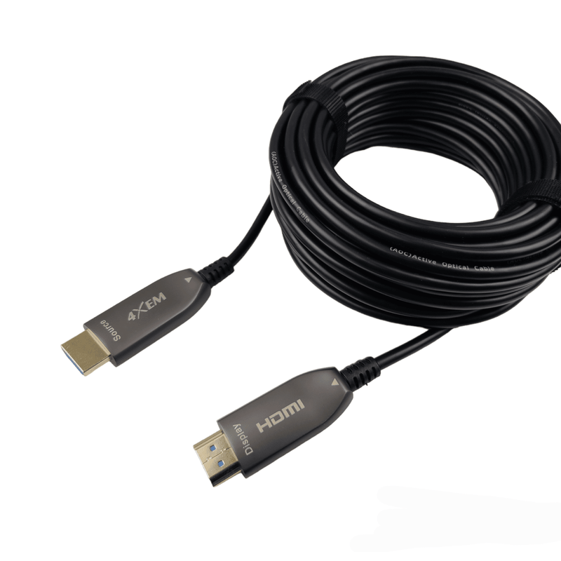 Load image into Gallery viewer, 4XEM 8K HDMI cable showing both connectors, labeled source and display with 4XEM logo on source connectors. Connectors shown connected to cable coiled onto itself.