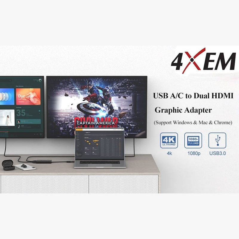 Load image into Gallery viewer, The usb display adapter is connected to a laptop on a desk and two television monitors showcasing how your displays can be extended between devices. Image: The USB to Dual HDMI graphic adapter supports Windows, Mac and Chrome also offers 4K, 1080p and USB 3.0