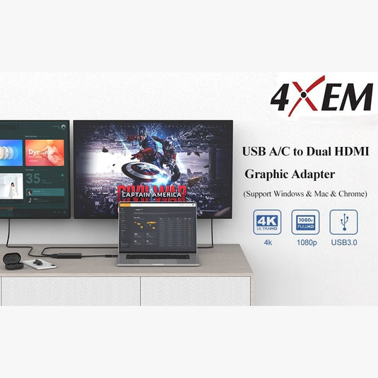 The usb display adapter is connected to a laptop on a desk and two television monitors showcasing how your displays can be extended between devices. Image: The USB to Dual HDMI graphic adapter supports Windows, Mac and Chrome also offers 4K, 1080p and USB 3.0