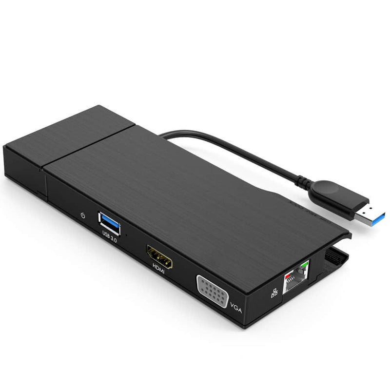 Load image into Gallery viewer, Alternate angle image of the docking station showcasing the USB 3.0, HDMI and VGA ports as well as a RJ-45 ethernet port at the front of the device.