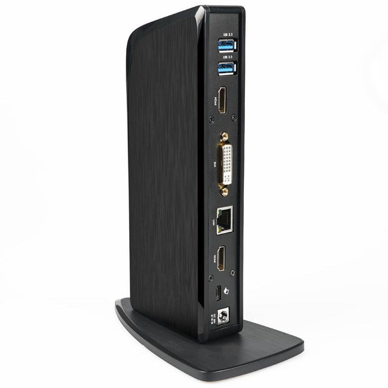 Load image into Gallery viewer, Black Docking station standing upright on a stand. The image highlights the variety of ports offered included VGA, Ethernet, USB and HDMI.