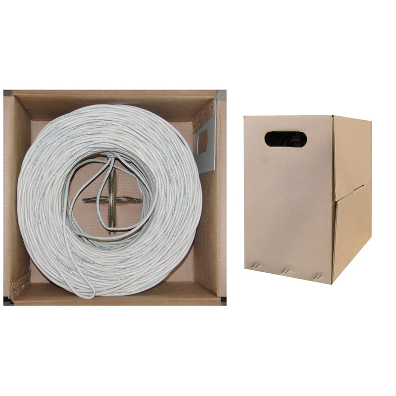 Load image into Gallery viewer, An image of bulk white ethernet cable within an box. The box is open showcasing how the cable is packaged within the box. There is also an image of the box closed showing a grip handle for carrying.