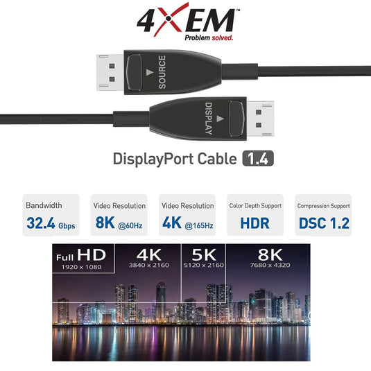 4XEM 90M 295FT HIGH SPEED ACTIVE OPTICAL FIBER DisplayPort 1.4 CABLE-8K@60HZ 4K@120HZ 7680 X 4320
