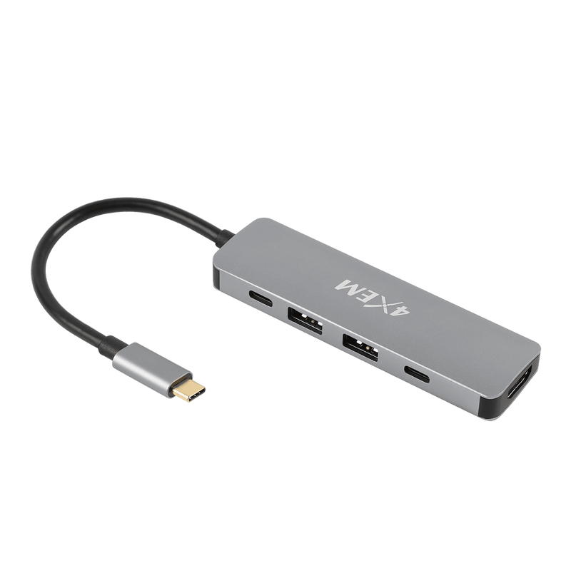 Load image into Gallery viewer, A Silver USB Type C hub that offers 2x USB-A ports and USB-C ports. The hub also has the 4XEM logo imprinted on it