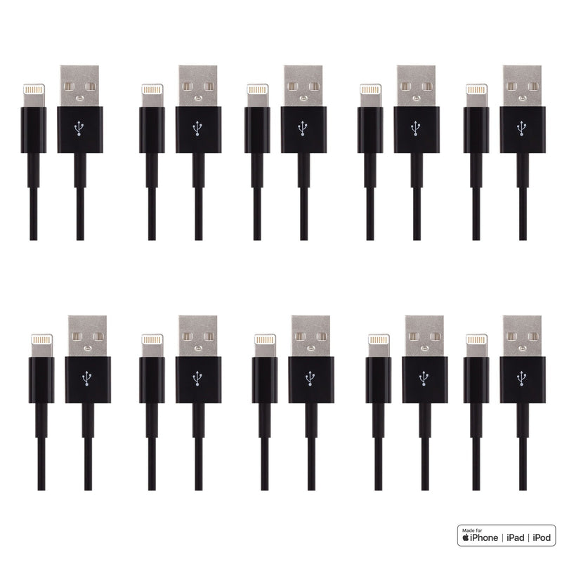 Load image into Gallery viewer, 10 pairs of lightning cable connectors next to USB-A connector cables lined together 5 by 5 with the MFi Certified logo text in the bottom right of the image
