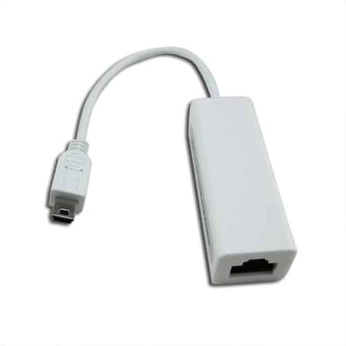 Load image into Gallery viewer, a white mini usb connector attached by fixed cable to a rj-45 ethernet port against a white background