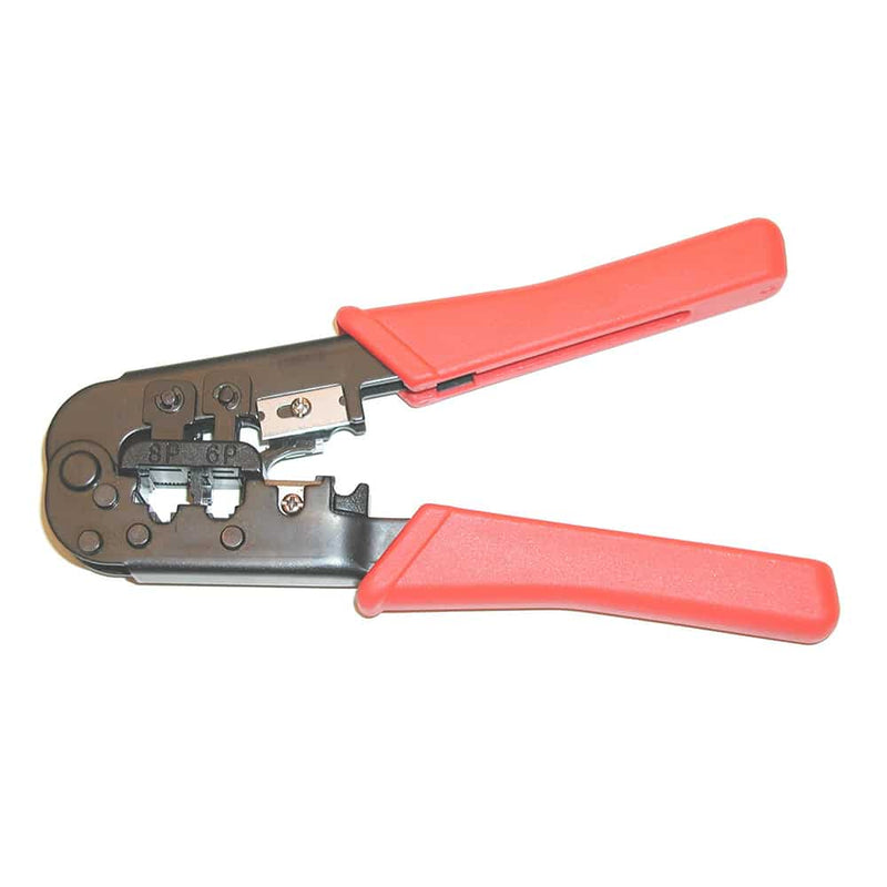 Load image into Gallery viewer, Ethernet cable crimping tool for adjusting size and network capabilities . Gray metal with orange plastic gips for handling.
