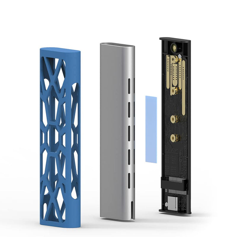Load image into Gallery viewer, A deconstructed image of the enclosure showing the main silver body with the usb port, the blue protective shell and the part that the hard drive is kept into