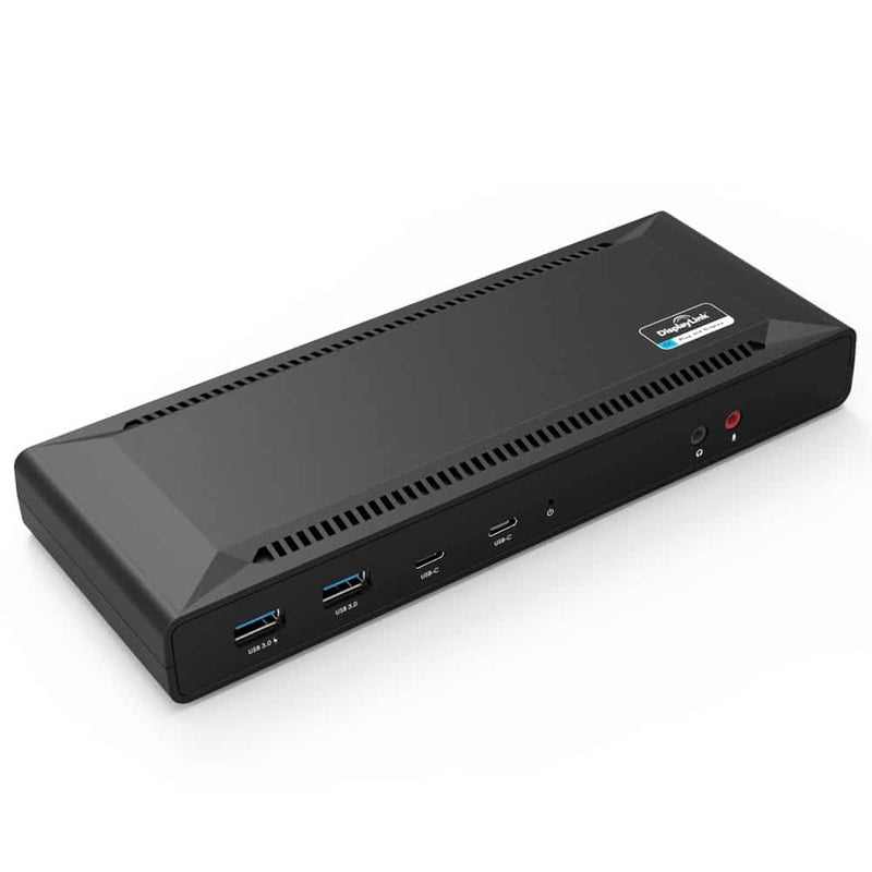 Load image into Gallery viewer, Image showcases one side of the docking stations port offerings. 2 USB-A, 2 USB-C and a audio mic in and out ports.