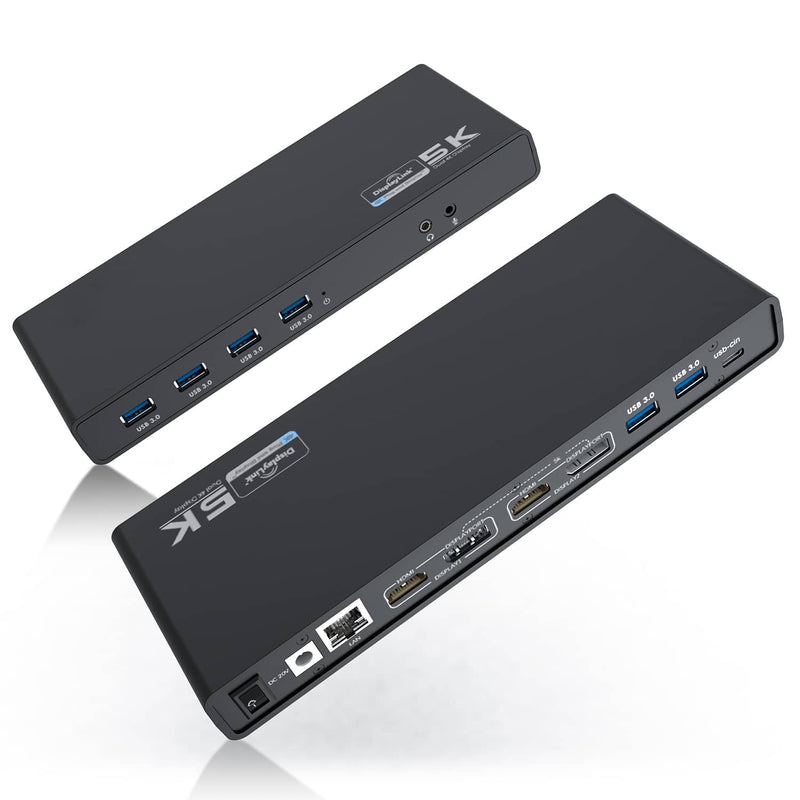 Load image into Gallery viewer, An image of two docking stations showing both sides of the station. The black docking station offers 6x USB ports, 4x video ports both HDMI and DisplayPort. In addition the station offers ethernet, audio and a power switch