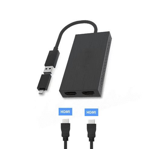 Load image into Gallery viewer, An image showcasing how two HDMI cables will fit into the USB display adapter