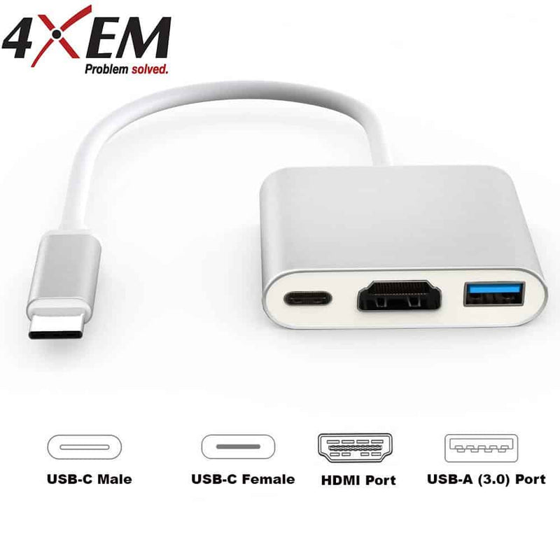 Load image into Gallery viewer, Image showcases USB-C logos both USB-C male and USB-C female. HDMI port logo and USB-A (3.0) port. Along with an alternate angled image of the white USB-C hub