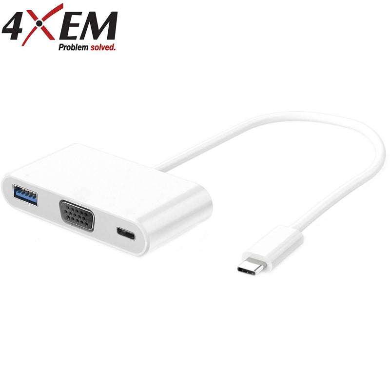 Load image into Gallery viewer, Alternate angle of the USB-C hub showcasing the length of the USB-C connector cable. Still showing the USB-A, VGA and USB-C ports