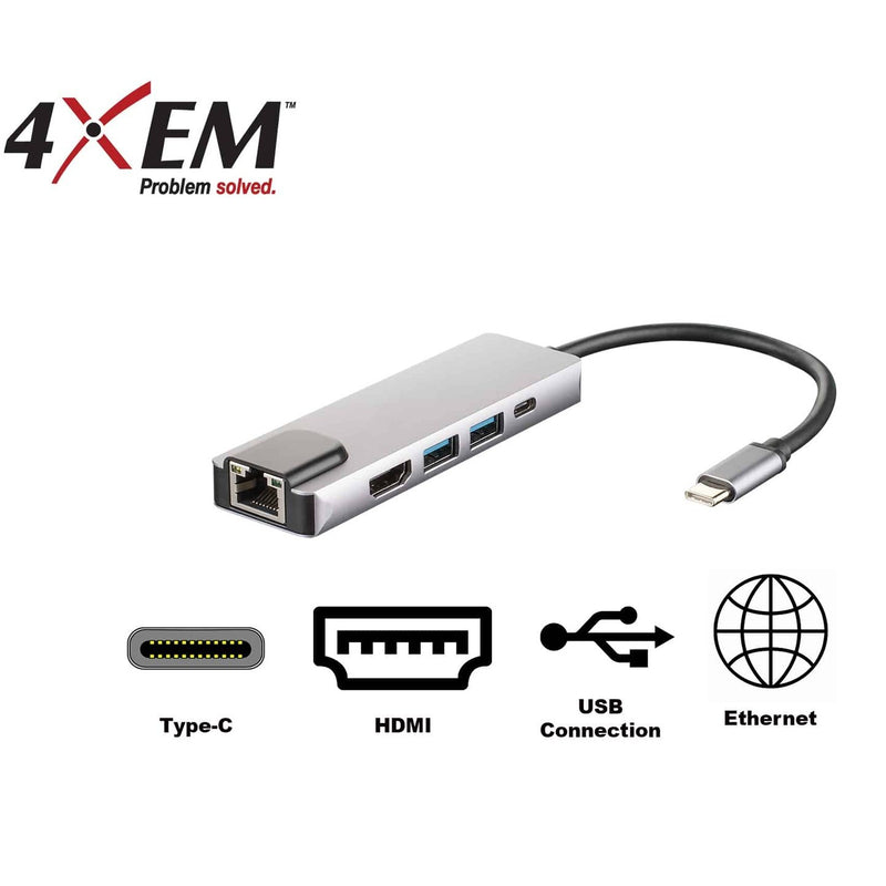 Load image into Gallery viewer, Image showcasing the logos of the functions this hub offers. USB Type-C, HDMI, USB connection and Ethernet connection