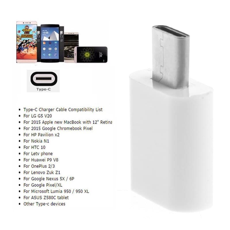Load image into Gallery viewer, Compatiblity list for 4XEM USB-C Male to 8-Pin Female Adapter includes LG G5 V20, new MacBooks, Google Chromebook, Nokia, Huawei P9 V8, Google Pixel, tablets and more USB-C devices