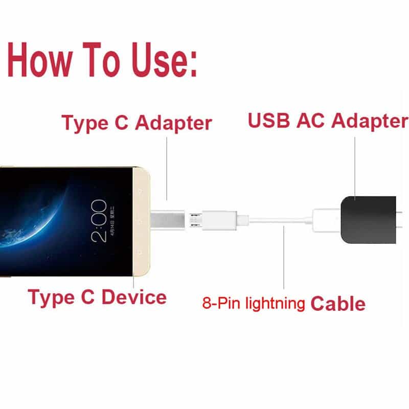 Load image into Gallery viewer, How to use 4XEM USB-C Male to 8-Pin Female Adapter plug in 8-pin lightning cable to port the plug usb-c connector to desired device - typically a mobile phone
