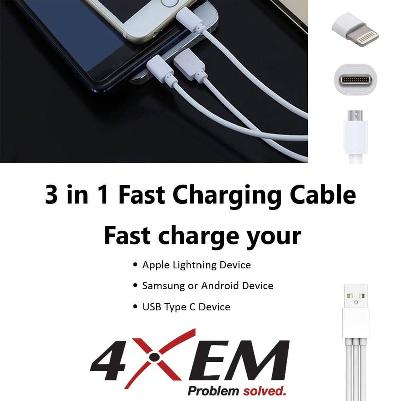 Load image into Gallery viewer, 4XEM 3 in 1 multi function fast charging cable for Apple, Android and USB-C interface.