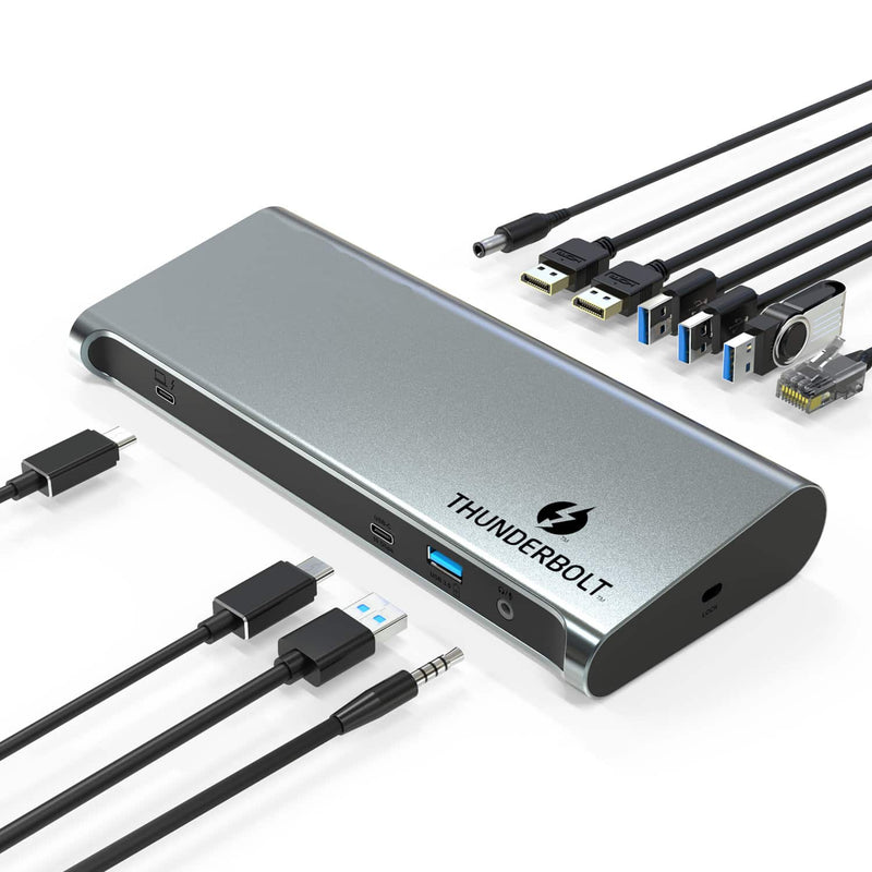 Load image into Gallery viewer, Image highlighting the various cables that are compatible with the docking station. USB-A, ethernet, audio, USB-C and HDMI are all able to connect to this docking station