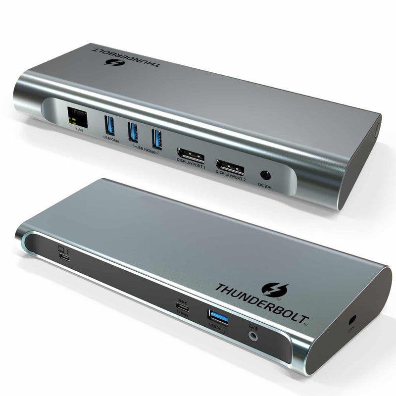 Load image into Gallery viewer, Silver Thunderbolt docking station. Image show both sides of the station that offers USB ports both USB-A and Type C as well as Ethernet ports and DisplayPort ports