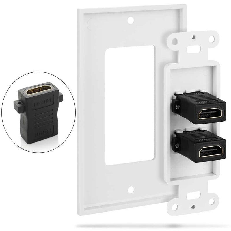 Load image into Gallery viewer, backside of 2 port hdmi wall plate showcasing how installation will look like in wall