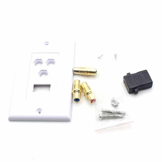 image of deconstructed wall plate with all included components; HDMI port, 3 RCA ports, 6 screws of varying sizes