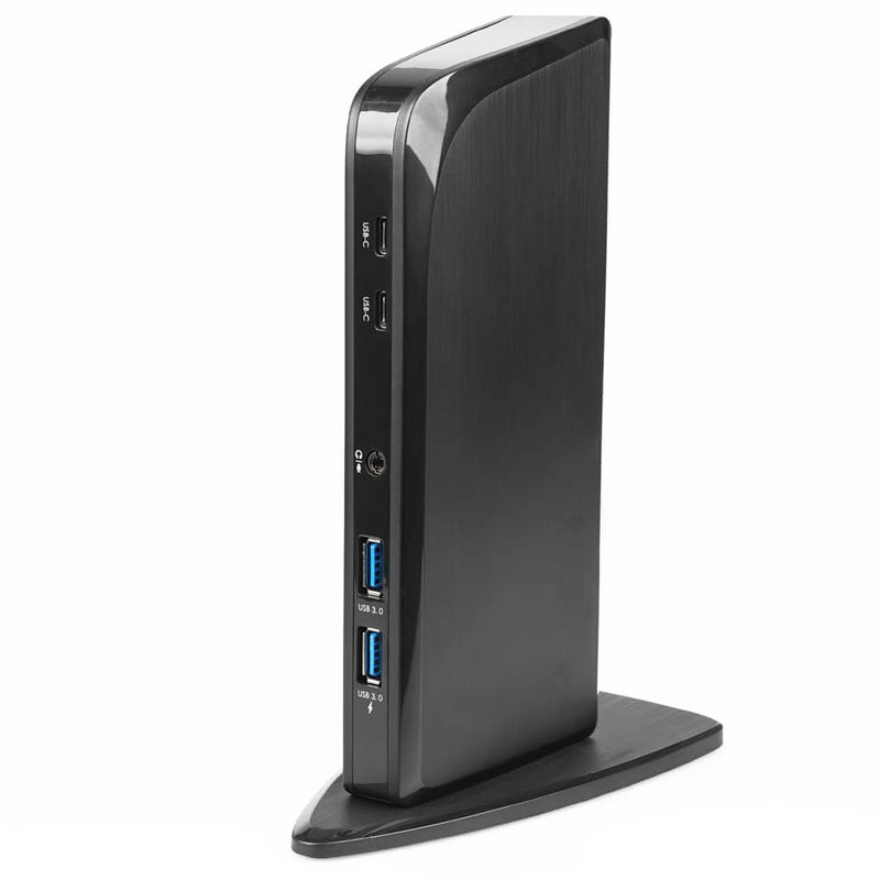 Load image into Gallery viewer, Alternate angled image of the docking station showing the opposite side of the station. On this side of the station it offers 2 USB-C, 2x USB-A and an audio port
