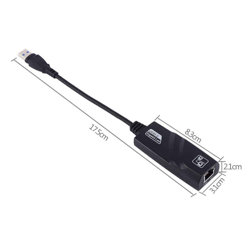 Load image into Gallery viewer, Image of the USB-C ethernet adapter showcasing its size dimensions. 17.5cm in length including cable, width is 3.1cm and 2.1cm in height