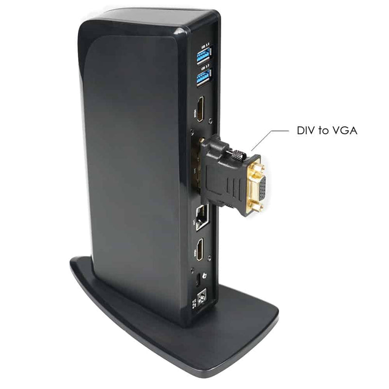 Load image into Gallery viewer, Image of the docking station showcasing that DIV to VGA adapter that is included. The image shows how the adapter would look attached to the docking station
