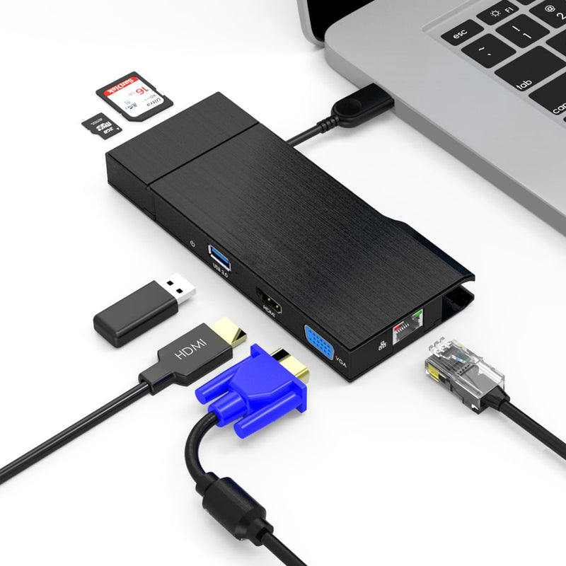 Load image into Gallery viewer, Image of the docking station connected to a laptop and with the compatible cables able to be used by this docking station. Ethernet, SD cards, HDMI, USB and VGA