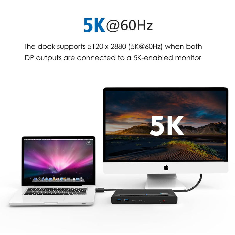 Load image into Gallery viewer, Image: This station offers 5K@60Hz video which is 5120x2880 resolution when both DP outputs are connected to a 5K-enabled monitor