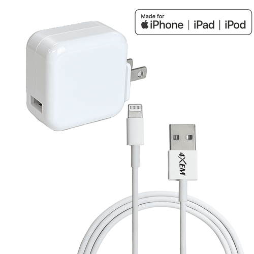 4XEM iPad Charging Kit – 10FT Lightning 8-Pin Cable with 12W Wall Charger – MFi Certified