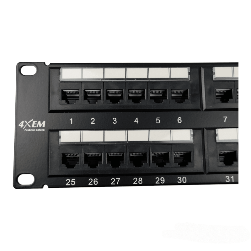 Load image into Gallery viewer, close up of one half of 48 port patch panel. showing ports 1-6 and ports 25-30. 4XEM logo shown on panel