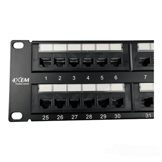 close up of one half of 48 port patch panel. showing ports 1-6 and ports 25-30. 4XEM logo shown on panel