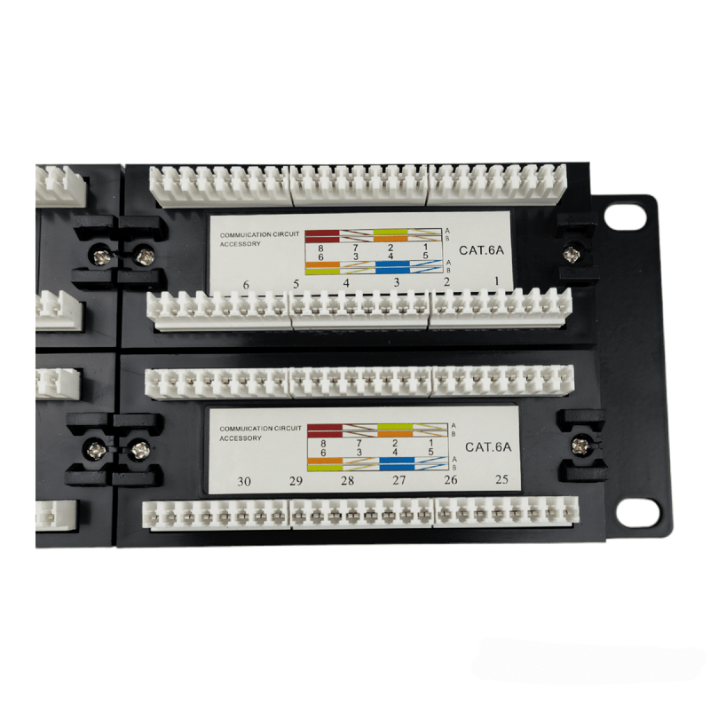 Load image into Gallery viewer, close up of backside of 48 port panel showcasing diagram for cat6a connection
