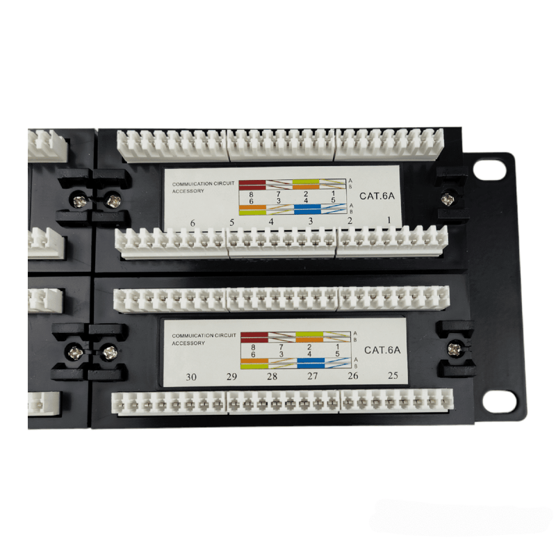 Load image into Gallery viewer, close up of backside of 48 port panel showcasing diagram for cat6a connection