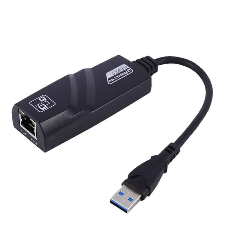 Load image into Gallery viewer, Black USB-A connector attached to RJ-45 ethernet port adapter. USB 3.0 supported 
