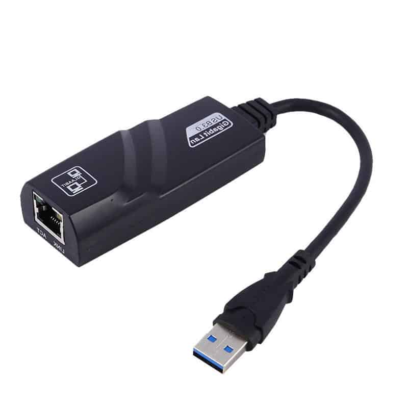 Load image into Gallery viewer, Black USB-A connector attached to RJ-45 ethernet port adapter. USB 3.0 supported