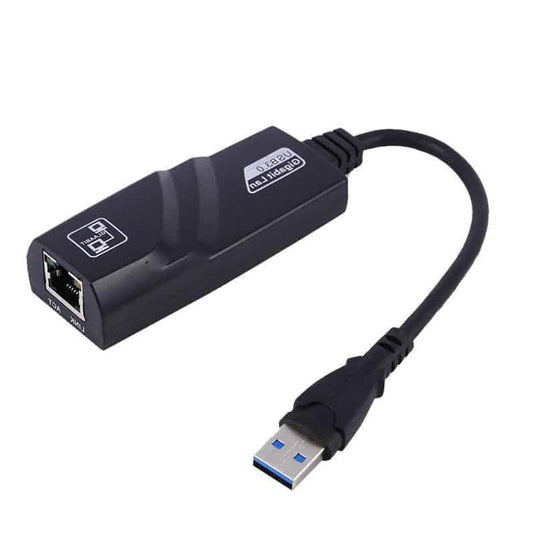Black USB-A connector attached to RJ-45 ethernet port adapter. USB 3.0 supported 