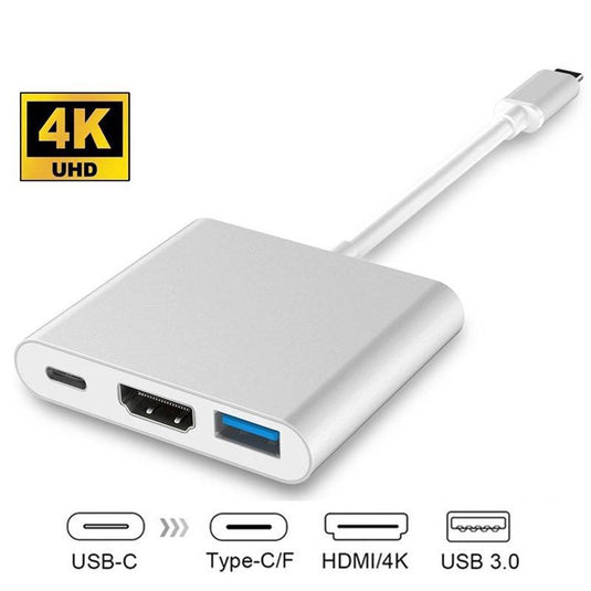 An image showcasing that the USB-C hub offers 4K video and highlights the ports of USB-C, HDMI and USB-A 3.0