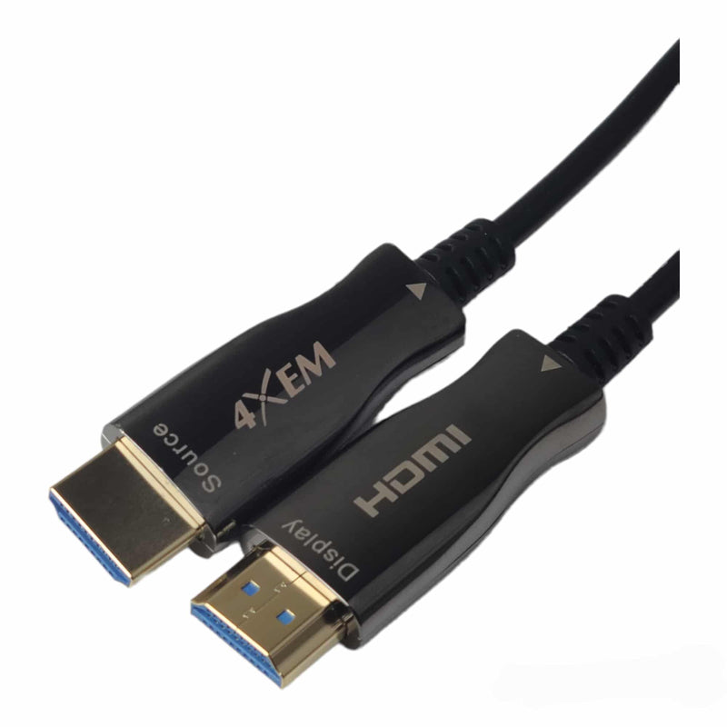 Load image into Gallery viewer, Close up of two fiber hdmi connector heads one stating it is for the source and the other for the display connection